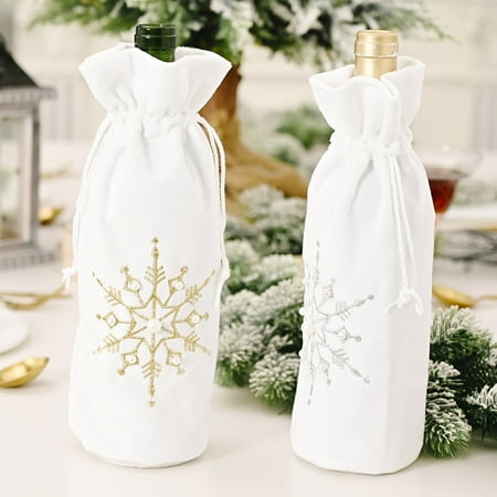 

Snowflake Beads Design Drawstring Gift Bag Wine Bottle Cover Party Dinner Decor Silver Flannel Fabric