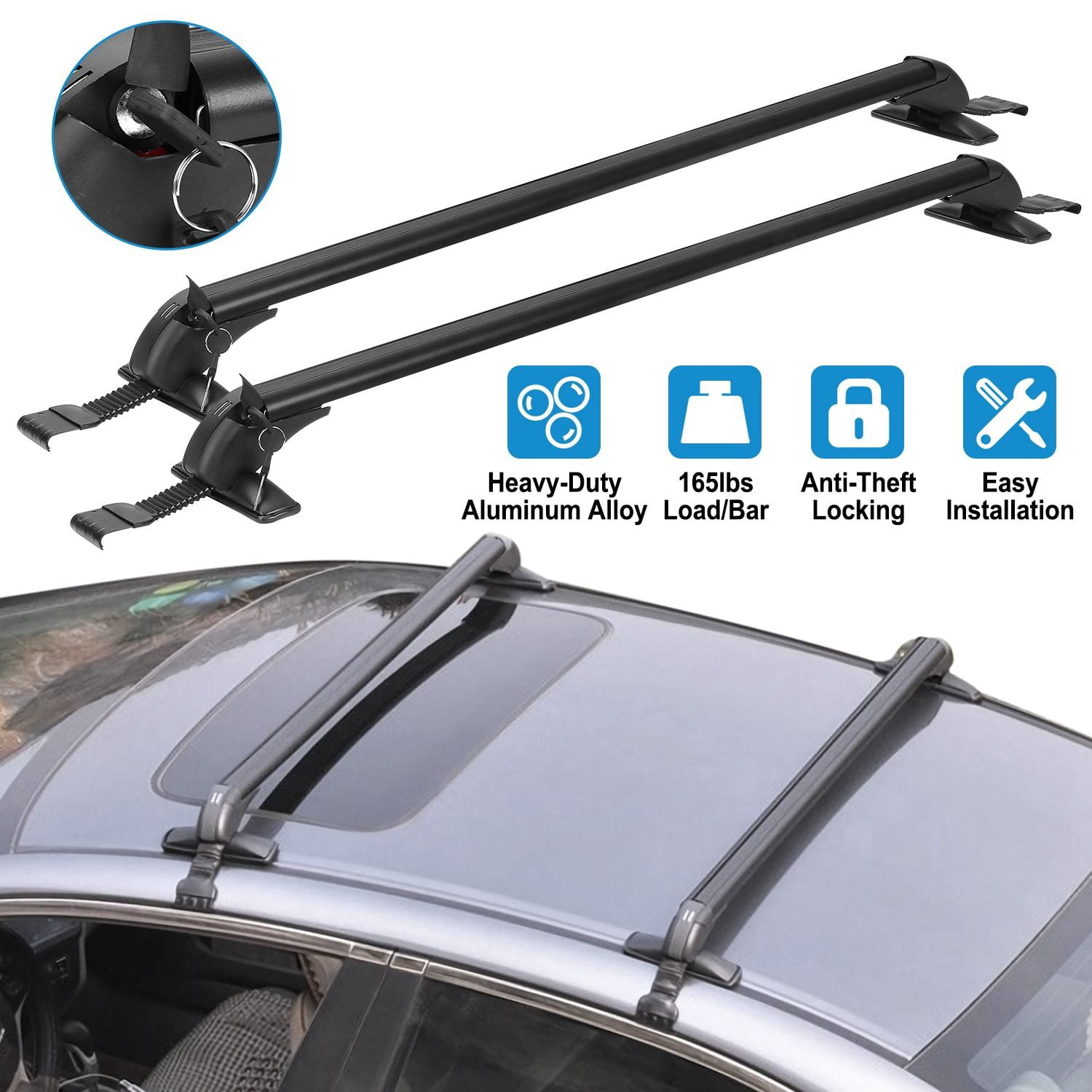 2PCS Universal 43"Car Roof Rack Cross Bars with Anti-Theft Lock Adjustable Aluminum Window Frame Crossbars for Bike Kayak Cargo Luggage