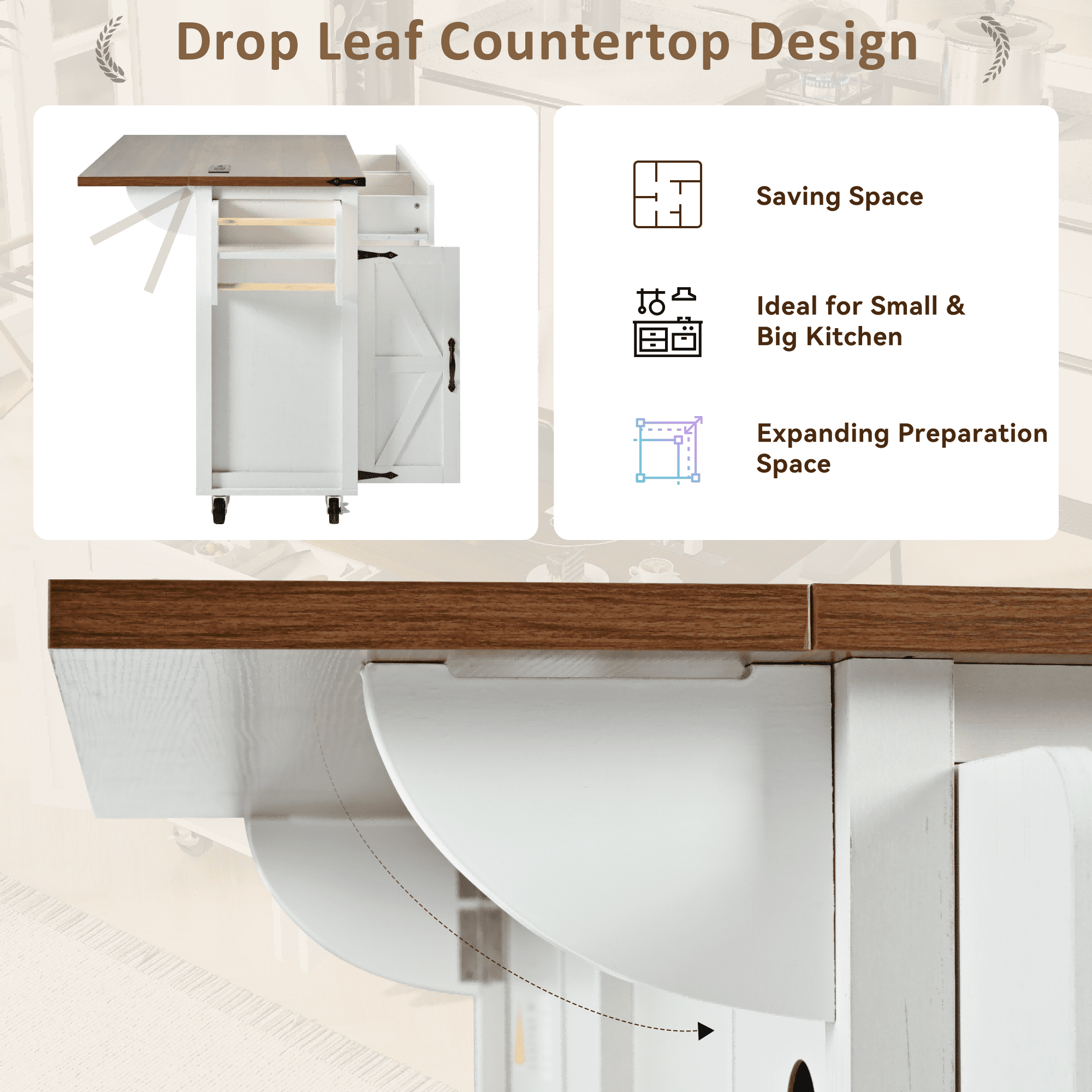 53.5"W Farmhouse Rolling Kitchen Island with Storage, Mobile Kitchen Islands with Drop Leaf and Power Outlet, Rustic Kitchen Storage Cart with Spice Rack for Dining Room