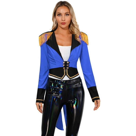 Haitryli Women's Circus Ringmaster Costume Tassel Long Sleeve Tailcoat Jacket Halloween Cosplay Fancy Dress Royal Blue M