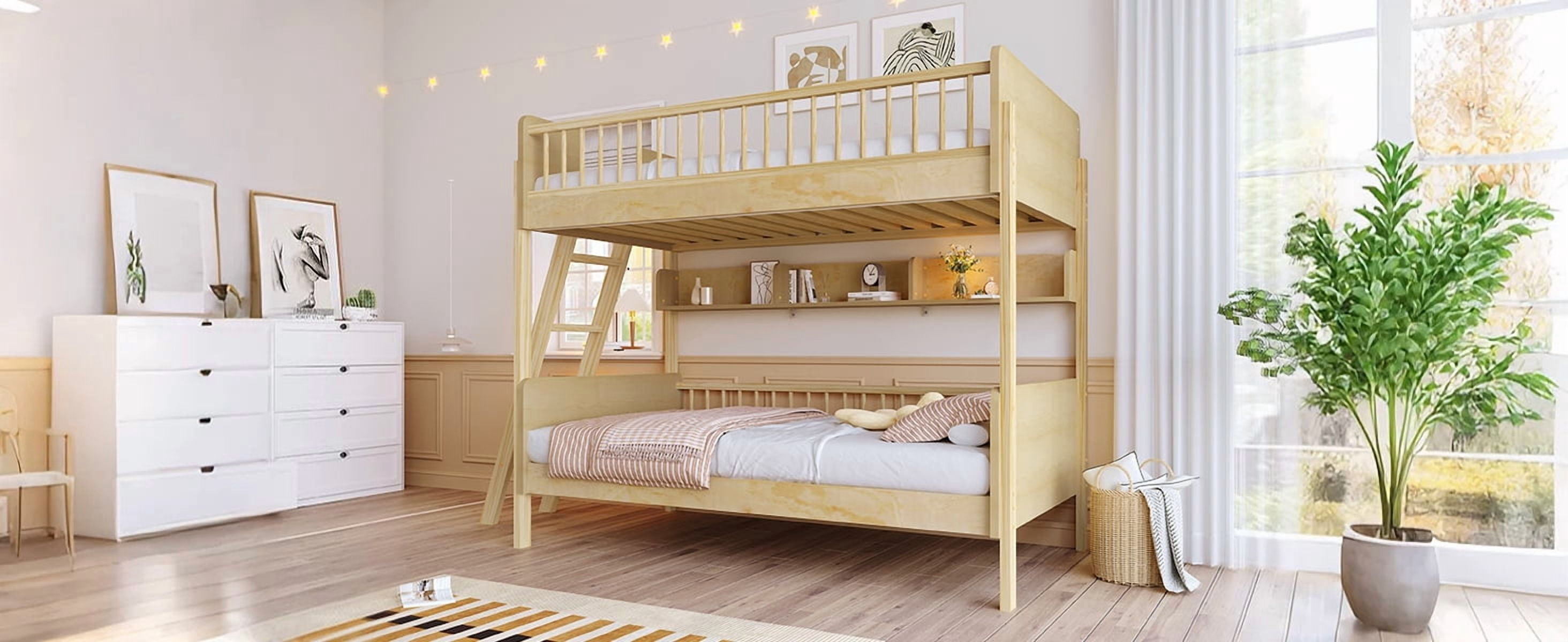 Yoneston Twin Over Twin Size Bunk Bed with 3 Storage Shelves, Wooden Platform Bed Frame with Safety Guardrails & Adjustable Ladder for Kids Teens Bedroom Dorm, Natural