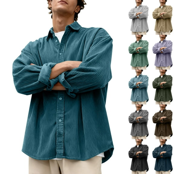 Miluxas Men's Solid Color Corduroy Long Sleeved Button Up Collar Casual Fashion Shirt Long Sleeved Collar Top/shirt Silver