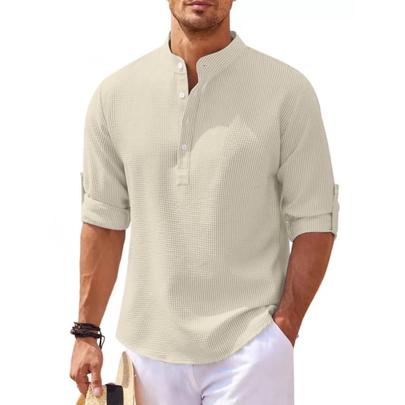 Tawop Mens T Shirts Long Sleeve V Neck Solid Casual Fall Beige L