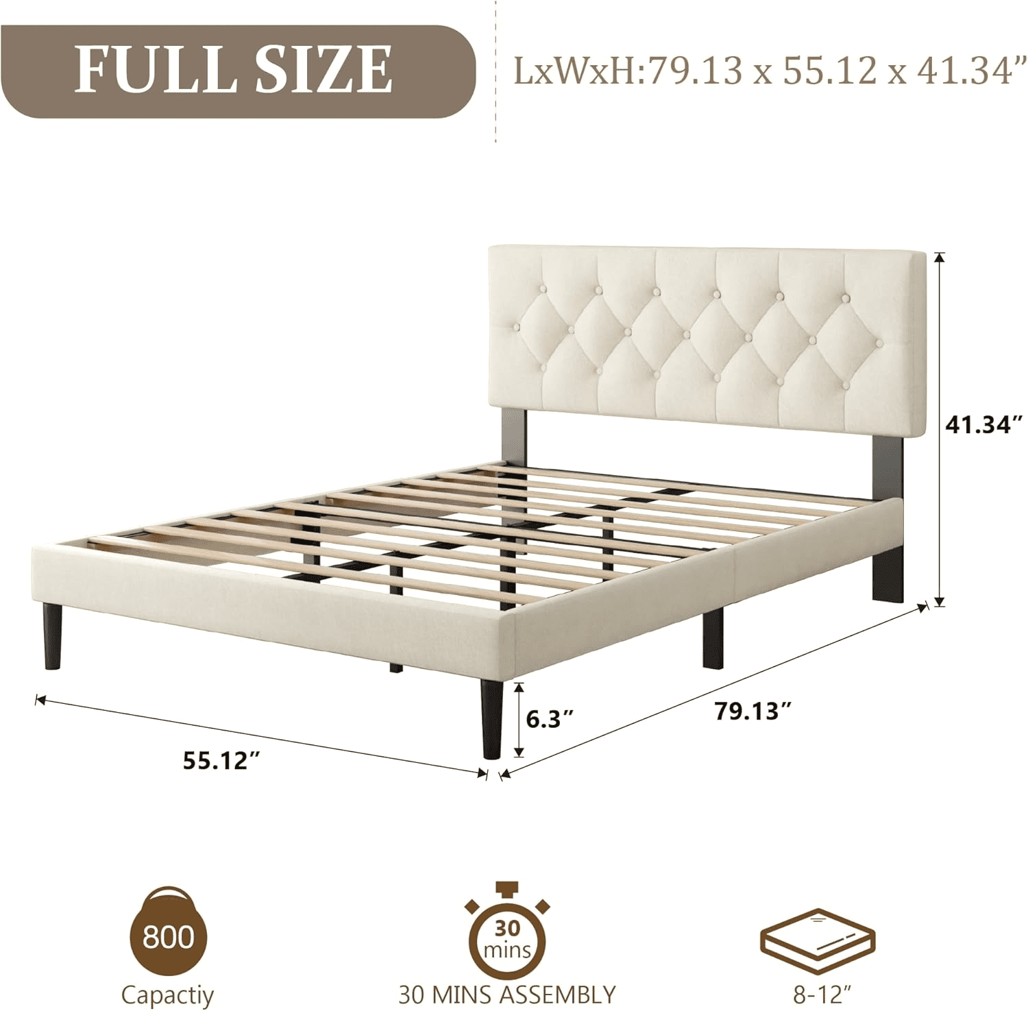 VIPLOV Full Size Bed Frame , Modern Fabric Upholstered Platform Bed Frame with Strong Wood Slat Support, Easy Assembly,Beige