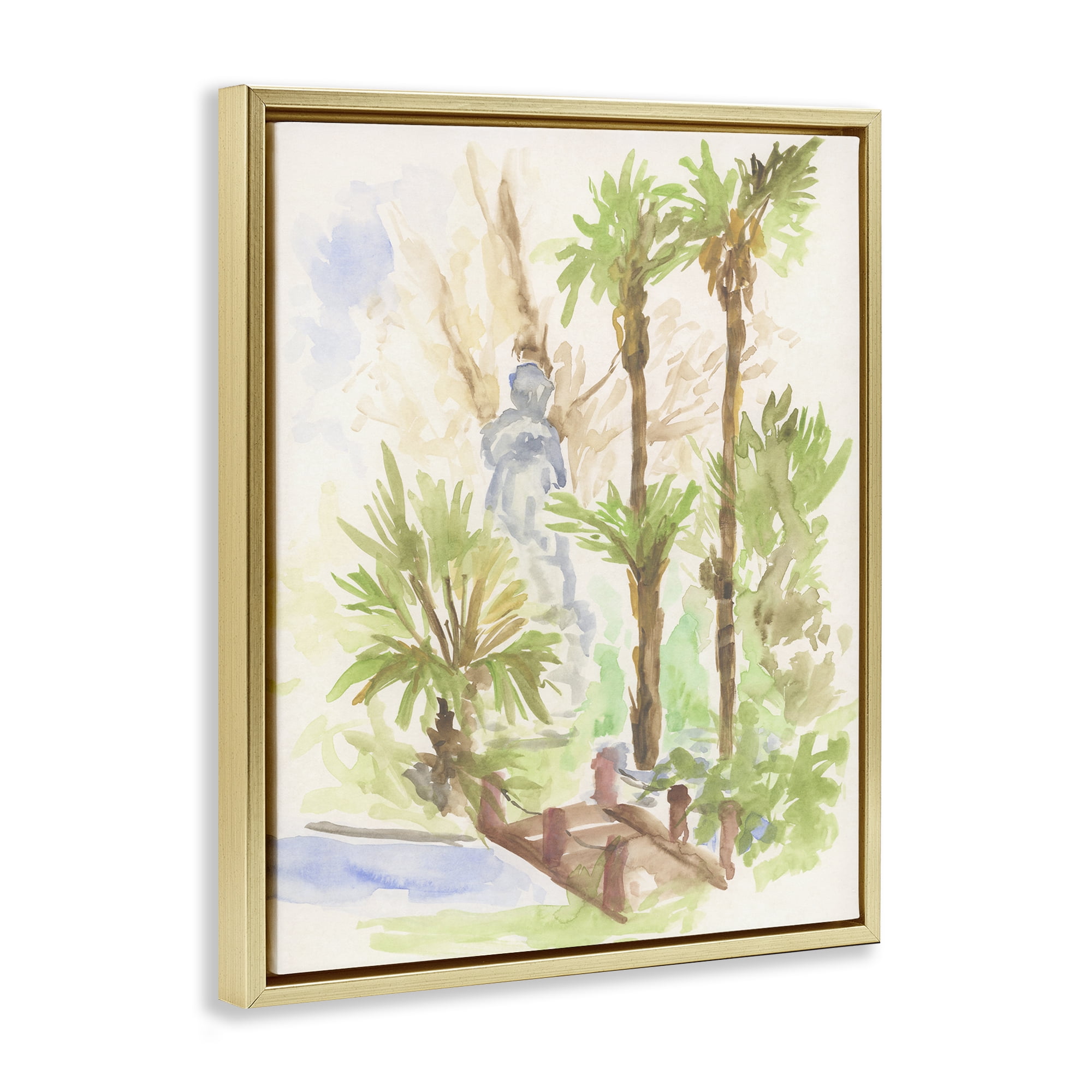 Stupell Industries Bridge over River Abstract Landscape & Nature Painting Gold Floater Framed Canvas Art Print Wall Art, 17 x 21