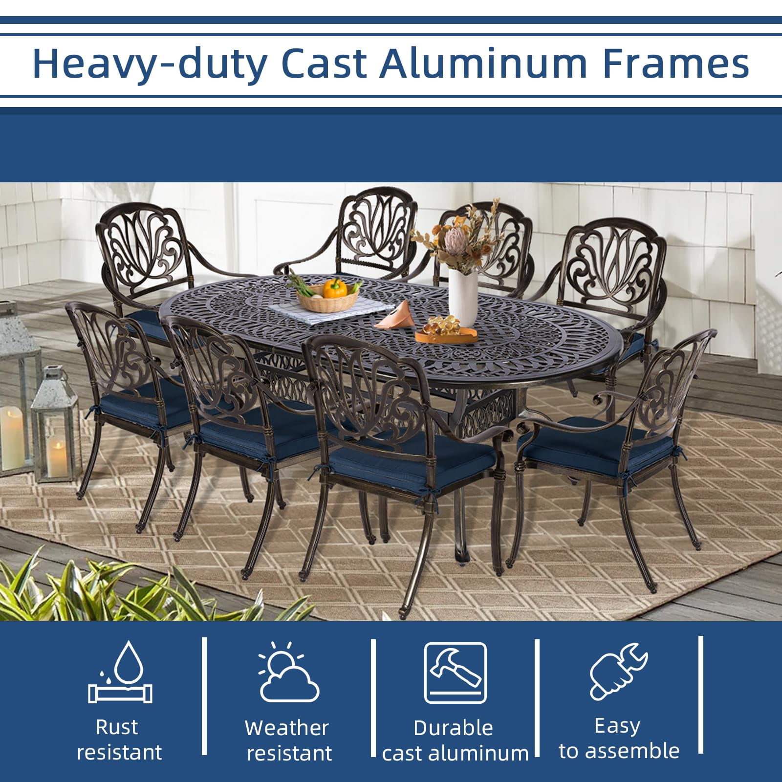 9-Piece Patio Cast Aluminum Dining Set, Outdoor Dining Furniture Set for 8 Person, Includes 84" Oval Table and 8 Cushioned Chairs with Umbrella Hole for Patio Deck Garden, Navy Blue