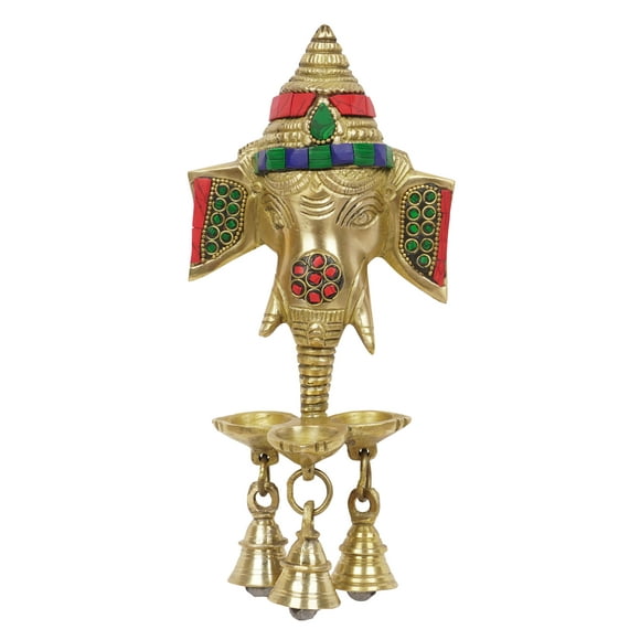 IBA Indianbeautifulart Metal Ganesh Deepak With Bells Wall Hanging Puja Idol Ganesha Face Oil Lamp Décor For Home & Mandir Temple-HB
