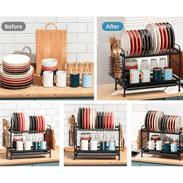 ​MAROAUO Dish Drying Rack 2-Tier Square with Utensil Holder and Drain Board, Sink Organizer, Kitchen Sink Dish Drainer, Black, 1pc, Standard Size​