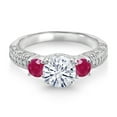 thumbnail image 2 of Gem Stone King 925 Sterling Silver White Moissanite and Red Ruby Engagement Ring for Women (1.98 Cttw, Gemstone, Round 7MM and 4MM, Size 7), 2 of 3