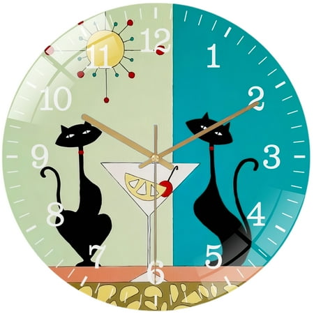 Decorative Clocks: Mid Century Modern Cats with Lemon Martini Glass Wall Clock, Black Cats Wall Clock, Art for Cat Lovers Decor Wall Clock for Homes, Bars, Offices, Man Caves, Garages, And Living Ro
