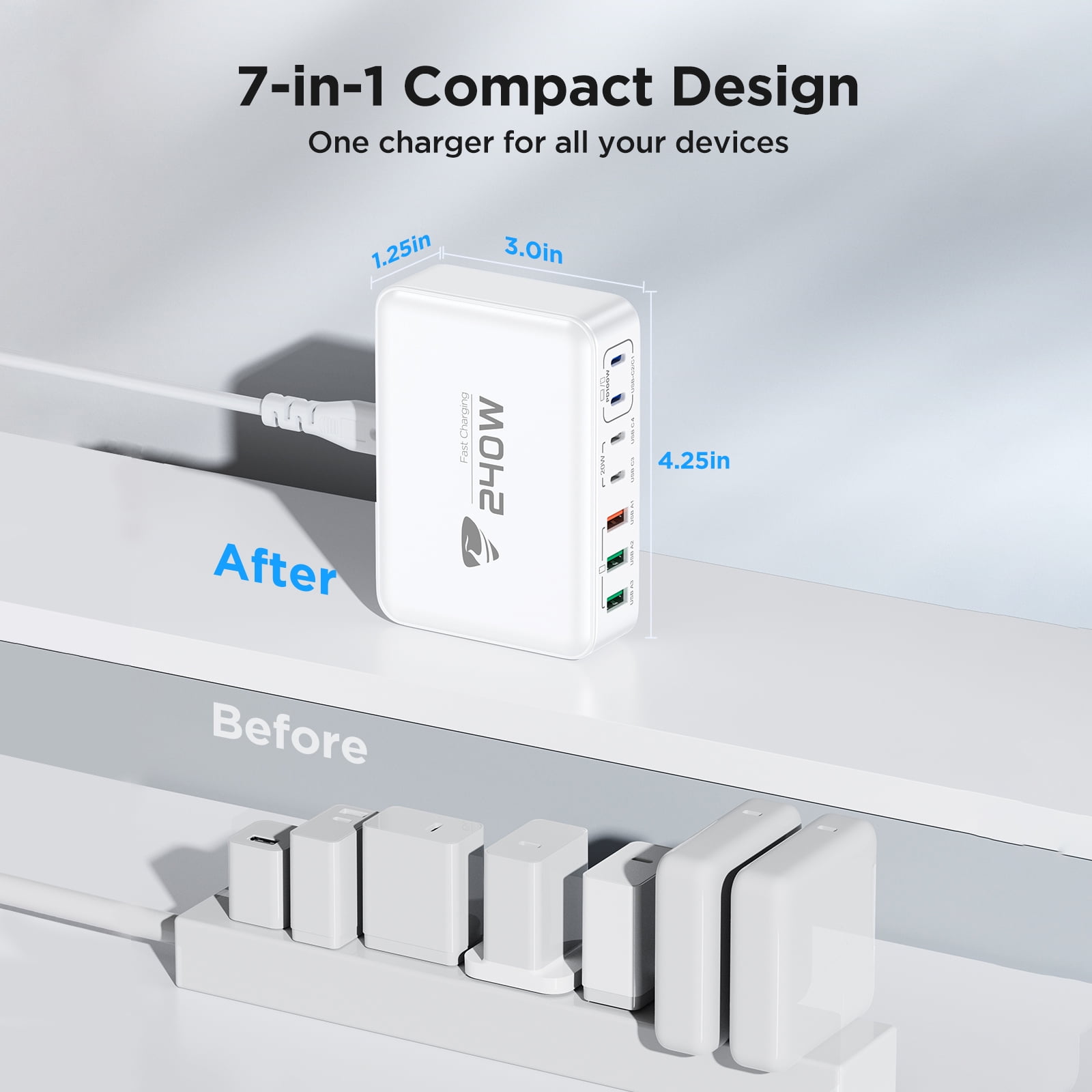 Aioneus 7-Port GaN USB C Charger Block 240W Fast Charging Station Power Adapter Compatible with Laptop Macbook iPhone iPad, White