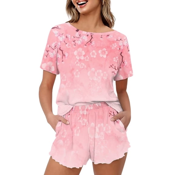 Yuyamidu Pink Flowers Women's Short Sleeve Pajama Set Soft 2-Piece Sleepwear with Round Neck Top & Lounge Shorts Sleep Set