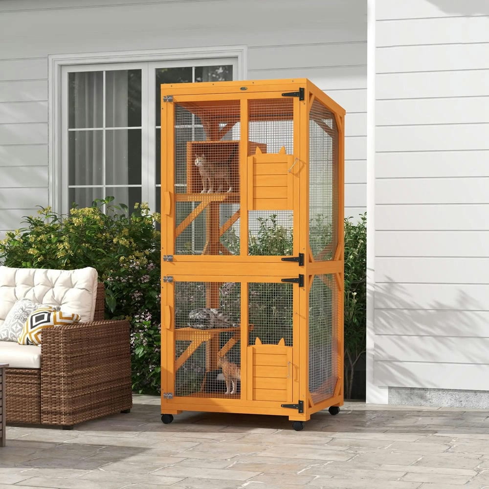 Topcobe Large Cat House for 1-3 Cats on Wheels Wooden Catio Enclosure, Outside Pet Shelter, Small Animal Habitat, Orange