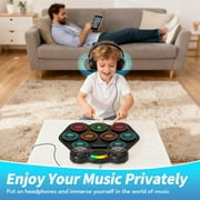 Burufy Electronic Drum Set for Kids Adults,9 Pads Portable Electronic Drum Pad Built-in Dual Bluetooth Speaker with Headset Jack/ Drumsticks/ Foot Pedals, Christmas Birthday Gift