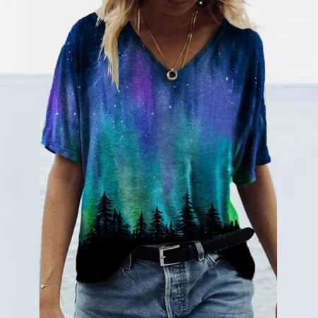 

Women s Summer Cute Short Sleeve Tunic Tops V Neck Printed Trendy Loose Tees Shirt Casual Comfy Plus Size Blouses Tops