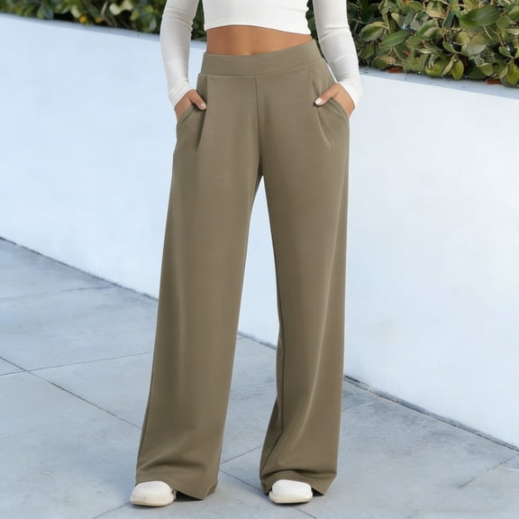 Women's Stretchy Pull On Elastic Waist Pants with Pockets, Casual Solid Trousers, Lightweight Straight Leg Lounge Bottoms, Comfortable Work Travel Capris, Soft Polyester | TruHer,Khaki L