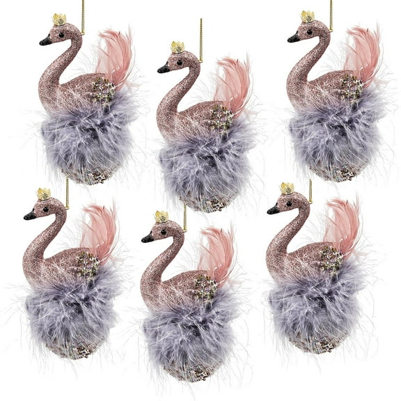 A&B Home Set of 6 Pink Swan Feathered Ball Hanging Ornaments 4" x 4" x 5.7"