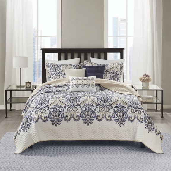 Madison Park Quilt Set Damask Pattern 6 Piece Full/Queen Reversible Coverlet Set Navy and Grey