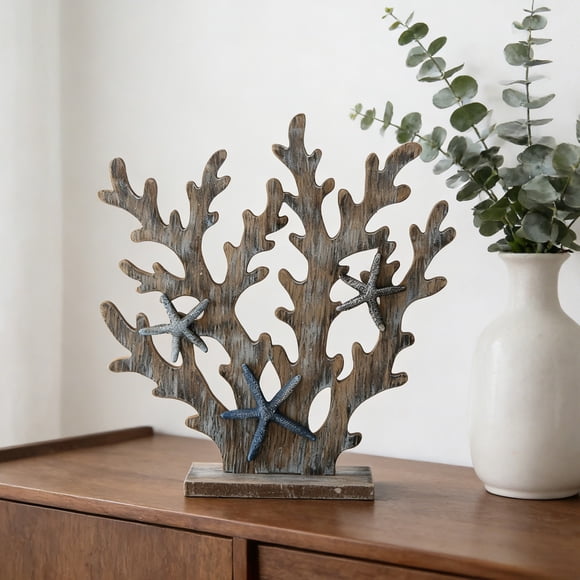 Wooden Coral Starfish Tabletop Decor | Oceans Coast Themed Solid Wood Carving | Retro Coastal Home Decoration Ornament for Shelf, Desk, or Entryway