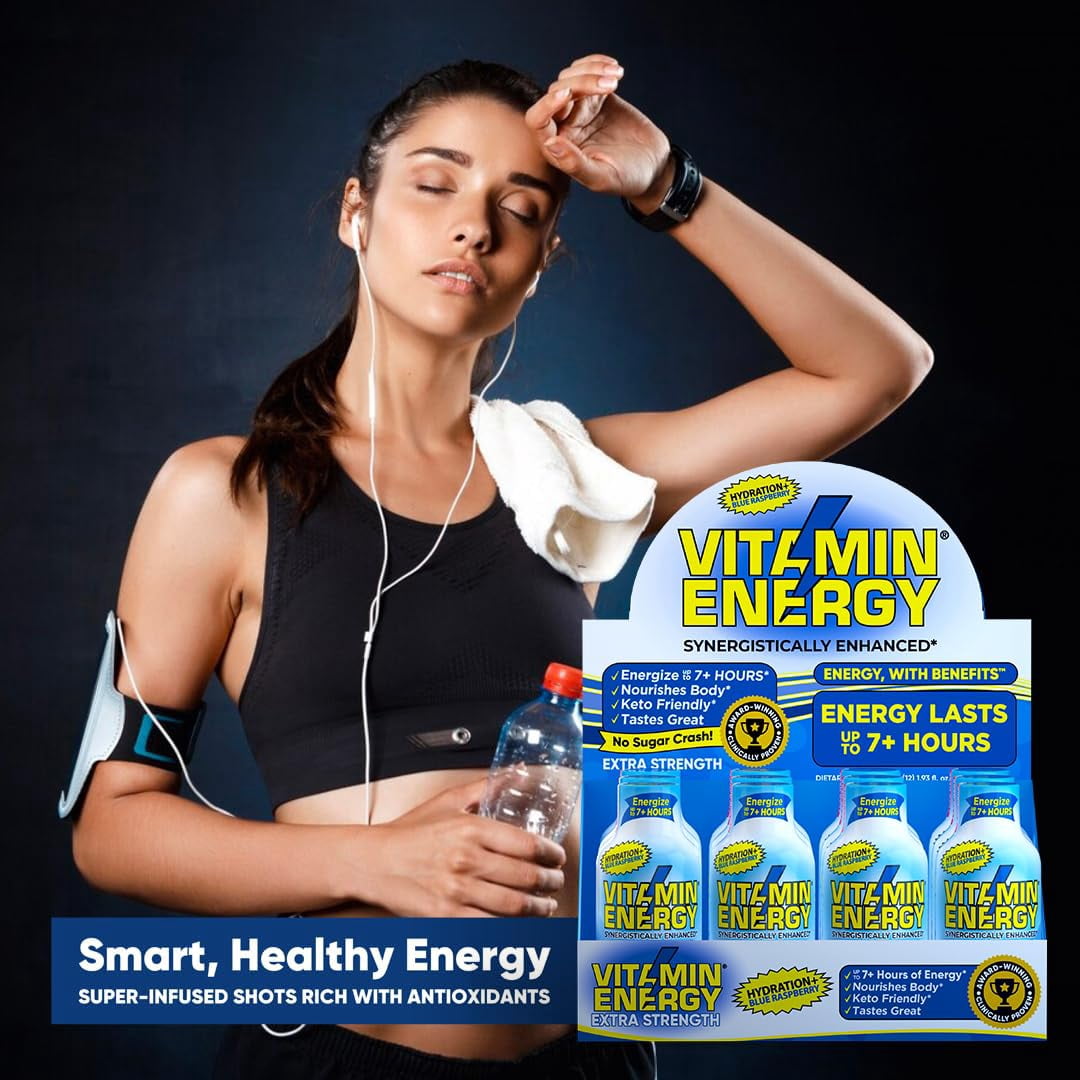 Vitamin Energy Hydration+ Shot, Blue Raspberry, 24 Pack – 260mg Natural Caffeine, Electrolytes & BCAAs, Zero Sugar, 1.93 fl oz