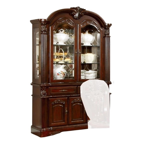 Mina China Buffet Cabinet with Hutch, Glass Doors, Cherry Brown Wood