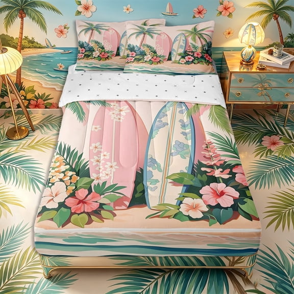 Castle Fairy Soft Cartoon Surfboard Floral Print Zipper Twin Comforter Sets with Fitted Sheet and 2 Pillowcases,Palm Hibiscus Pastel Shore Layout Zipper Bedding Set,Peach Mint,Reversible,4-Piece