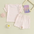 thumbnail image 6 of Douhoow Toddler Girl Summer Stripe Clothes Baby Ruffle Ribbed Short Sleeve T-Shirts + Elastic Waist Shorts, 6 of 9
