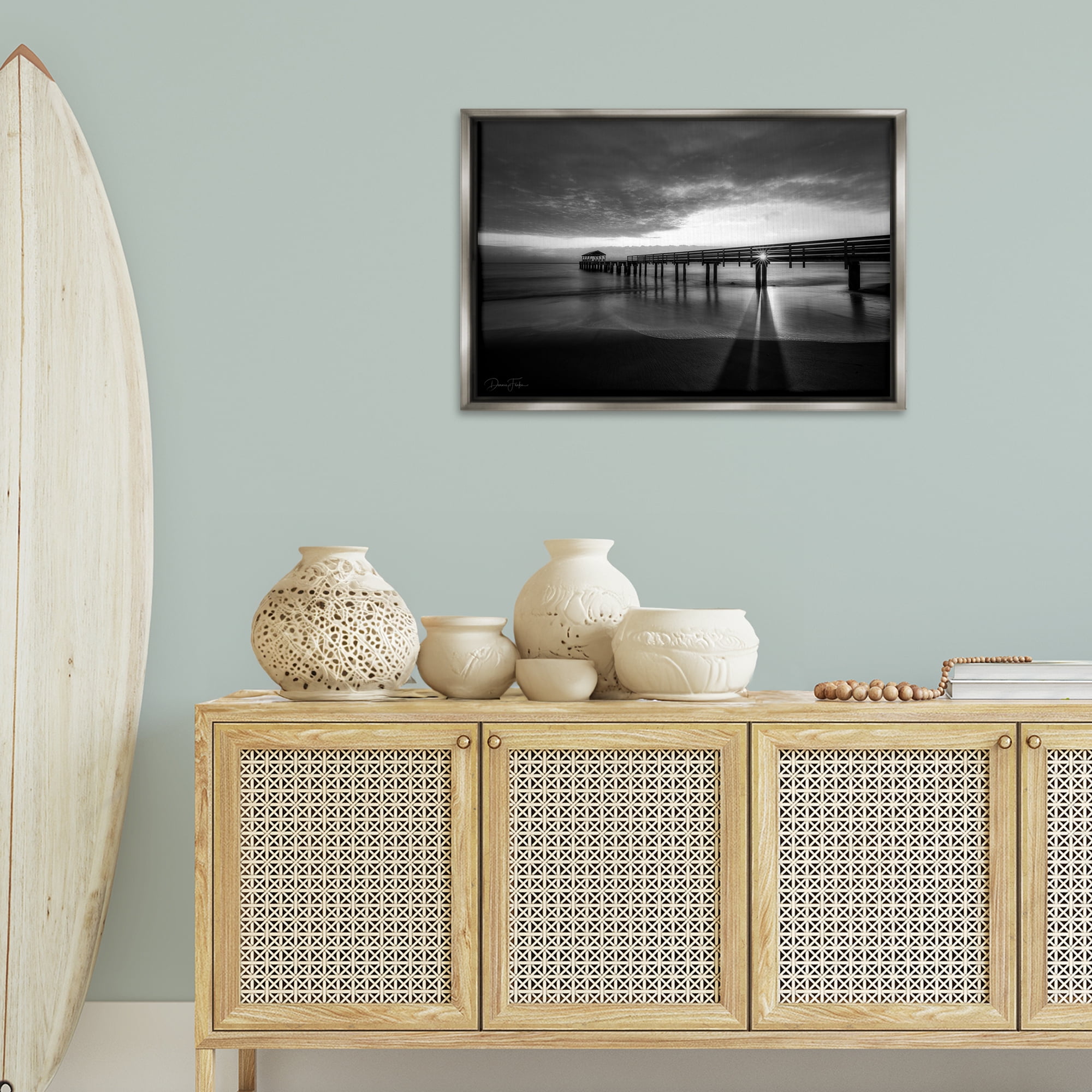 Stupell Industries Sun Shining Through Dock Landscape Photography Gray Floater Framed Canvas Art Print Wall Art, 31 x 21
