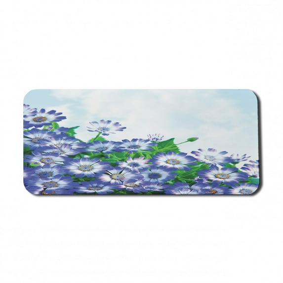 Flower Computer Mouse Pad, Bunch of Fresh Wildflowers in Grass Vivid Spring Daisy Bloom over Sky Floral Design, Rectangle Non-Slip Rubber Mousepad X-Large, 35" x 15", Blue Green, by Ambesonne