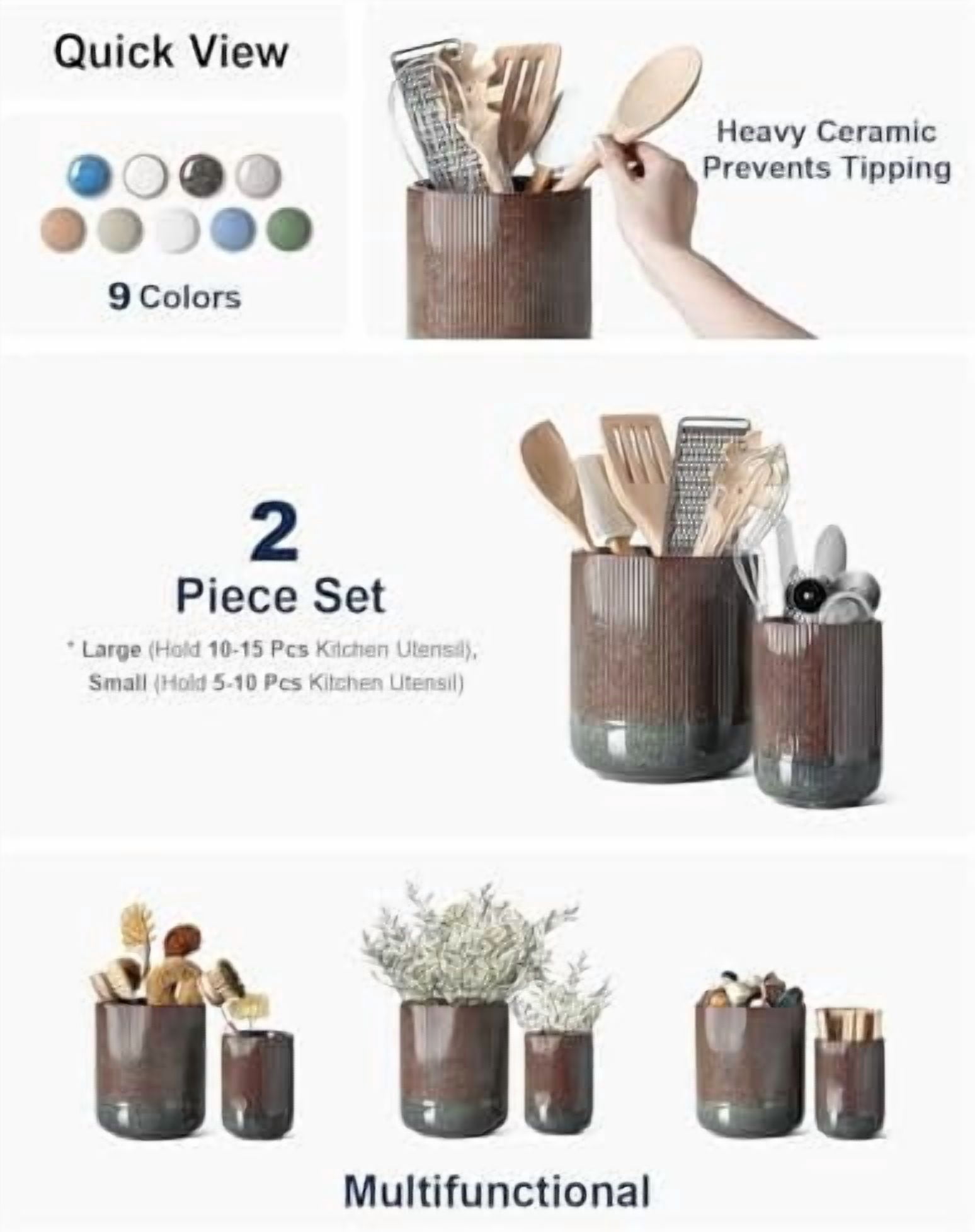 Utensil Holder for Kitchen Counter, 7.3"+5.4" Fluted Ceramic Utensil Crock Organizer for Countertop, Heavy Large Holder for Spatulas, Spoons, Set of 2, Olive Brown Marble