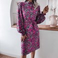 thumbnail image 4 of Robes d'Automne pour Femmes Manches Longues Lanternes Demi-Col Roulé Imprimé Floral Ceinture Décontractée Robes Midi Crayon, 4 of 7