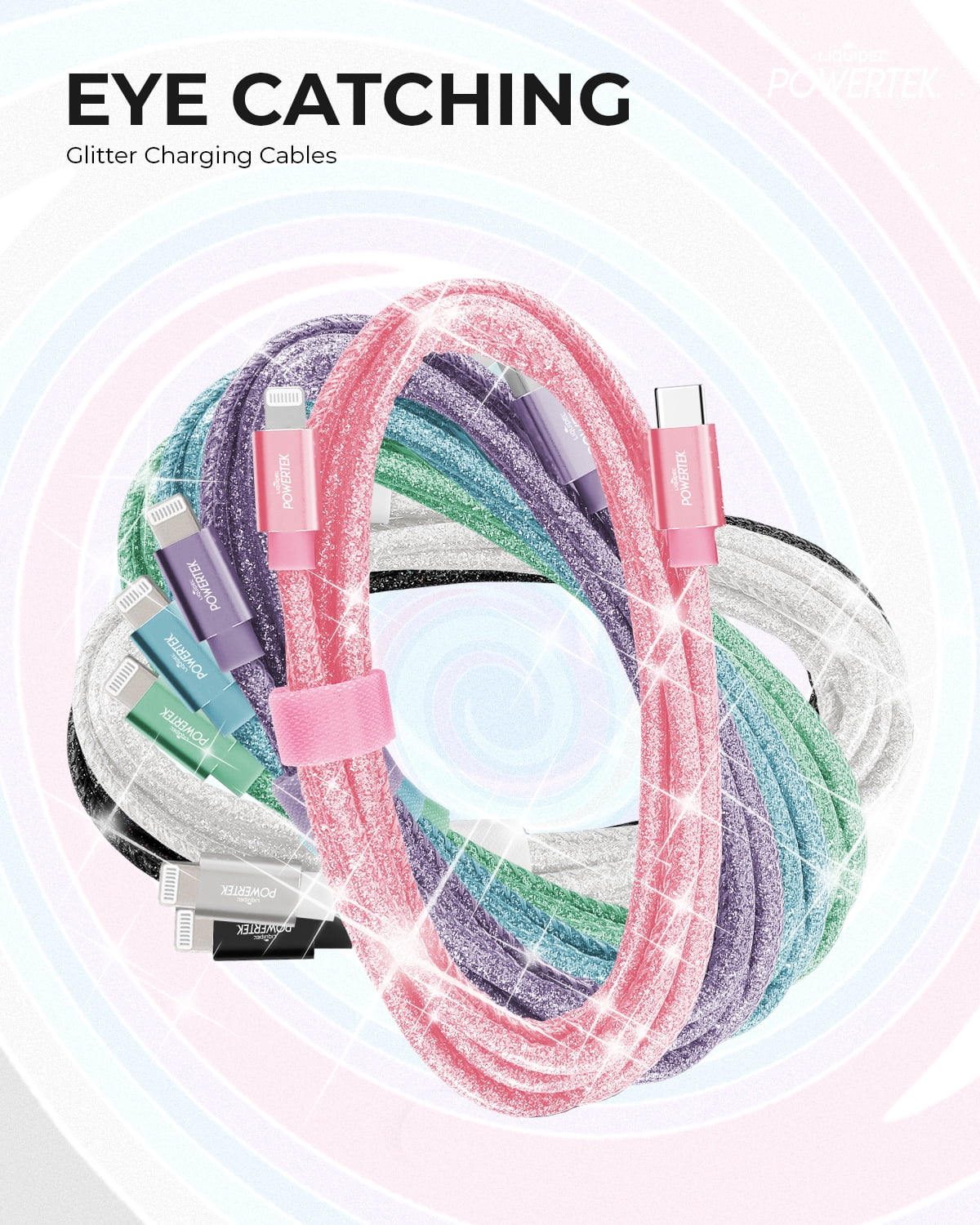 Liquipel Powertek USB C Lightning iPhone Charger Cable [MFI Certified], 6ft Fast Charging, Pastel Glitter