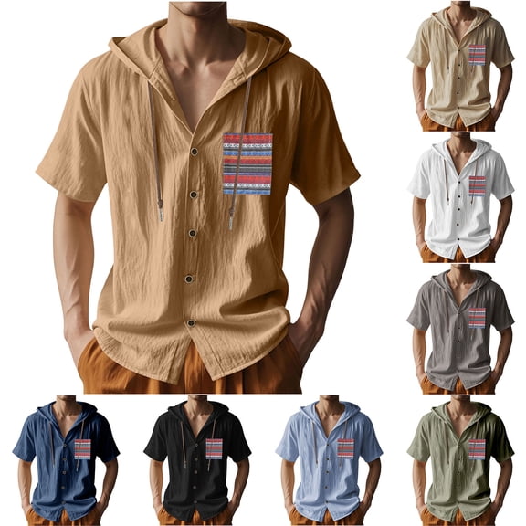 Men's Linen Short Sleeve Tops with Hood Boho Printed Chest Pocket Drawstring Button Up Hoodie Beach Shirt (XL, Khaki)