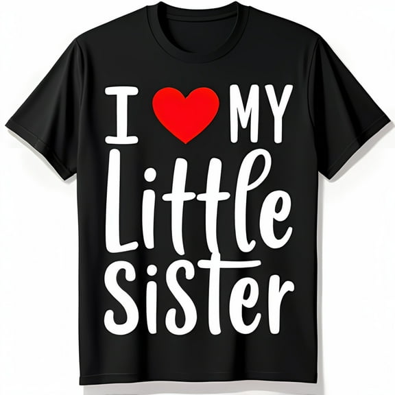 I Love My Little Sister T-Shirt Bold White Text with Red Heart on Black Tee