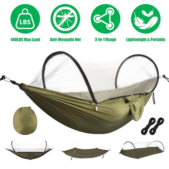 Imountek 3 in 1 Portable Camping Hammock with Mosquito Net, Lightweight Outdoor Hammock Tent with Dual Zippers, 440lbs Load Capacity, Army Green