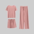 thumbnail image 2 of RYRJJ Women's 3 Piece Pajama Sets Short Sleeve Sleepwear Crewneck Top with Shorts and Wide Leg Long Pants Pjs Soft Loungewear, 2 of 6