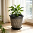 thumbnail image 4 of 12" Planter Pot with Saucer, Thickened Plastic Anti-Aging Flower Pot with Drainage Holes, Woven Texture, Plant Pot for Indoor And Outdoor Plants, Balcony, Garden,Golden,B, 4 of 7