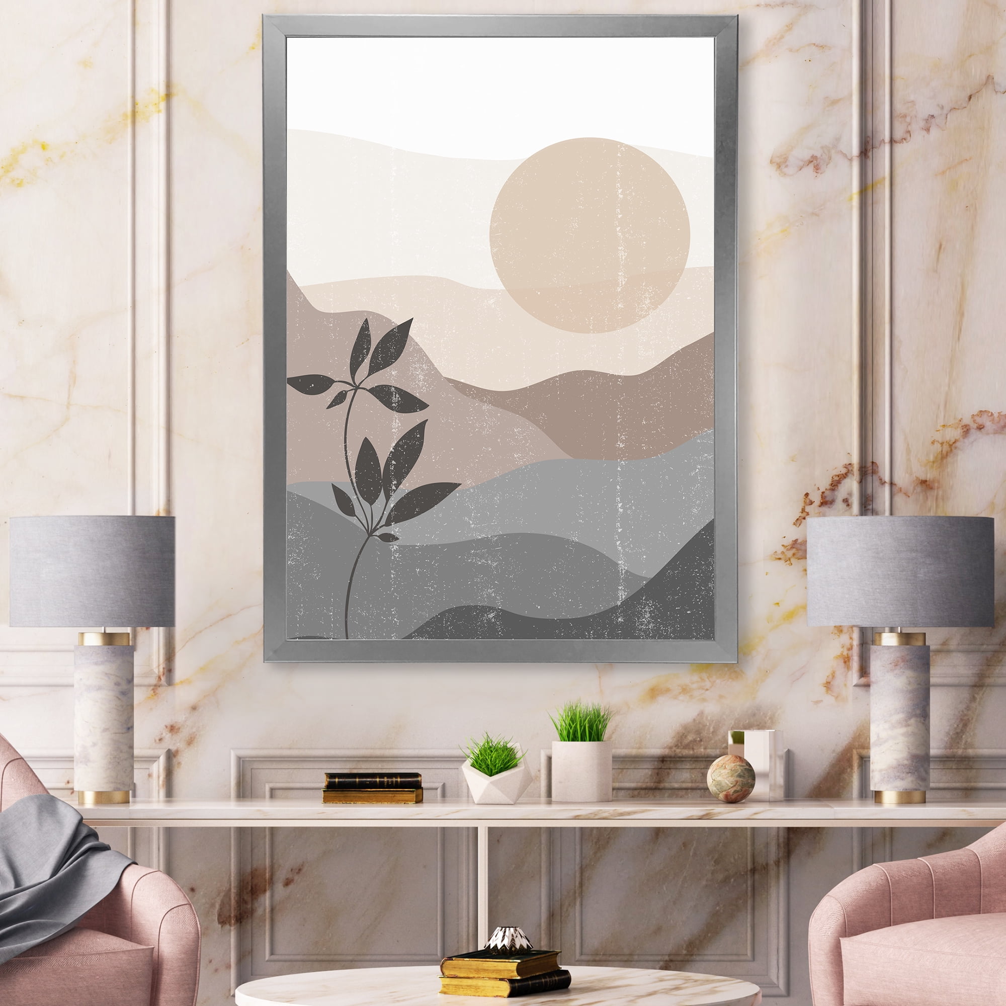 Designart 'Minimalist Sunset Over Mountain Landscape' Modern Framed Art Print