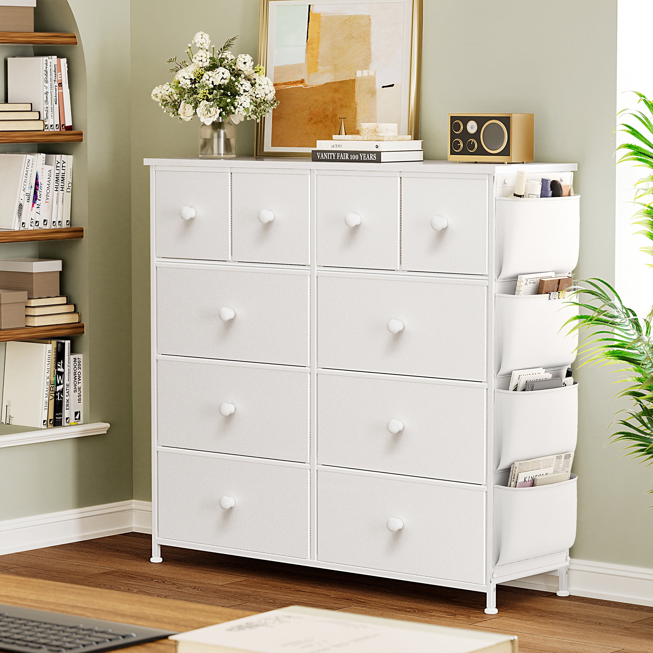 KOUSEI 10 Drawer Dresser,Fabric Dressers for Bedroom,Chest of Drawers with 4 Side Pockets,Storage Drawers,White