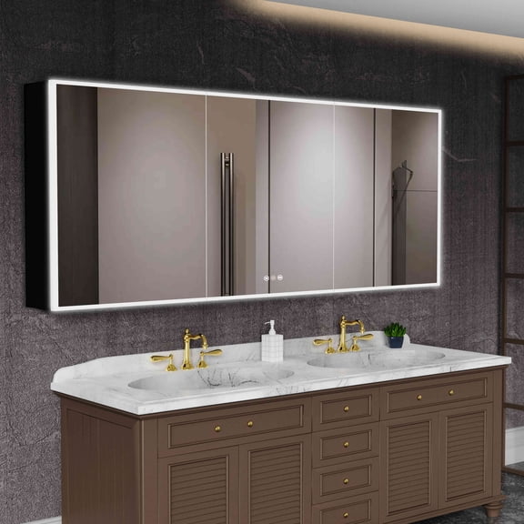 tunuo 60W x 36H Wall Mounted LED Medicine Cabinets for Bathroom with Mirror, Defogger, Dimmer, Outlets & USB, Three Doors