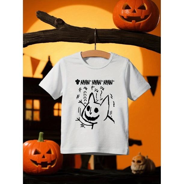 Girls' Halloween T-Shirt - Black with White Japanese text - Soft Knit Top for Toddlers, Kids, Teens - Cute Halloween Party outfit - Machine Washable apparel, Kids Casual Wear, Playful Graphic Tee
