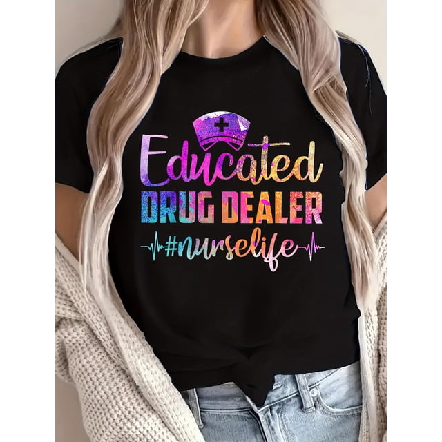 Camiseta Para Mujer De Verano Para Uso Diario, Viajes, DesplazamientosWomen'S Fashion T-shirt, Women'S Casual Crew Neck T-shirt, "Educated Gradient Nurse Cap Letter" Print, Fashion Casual Spring/Sum