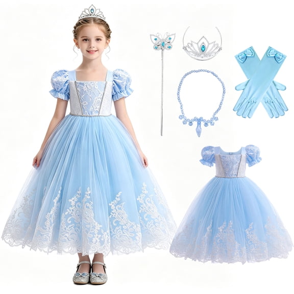 Girls Blue Lace Princess Dress Costume with Crown Set Halloween Fancy-Dress for 4-9 Years