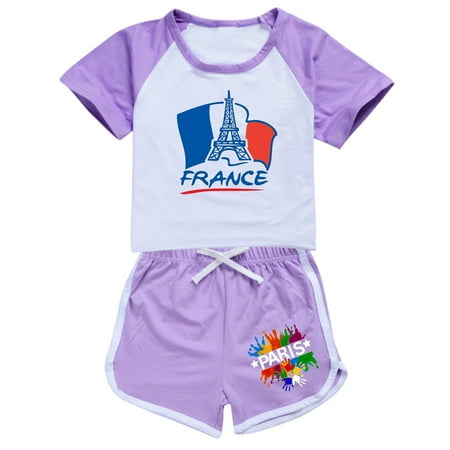 

EHQJNJ 12 Month 4Th of July Outfit Girl Boys and Girls French Tower Tourism Commemorative Print Color Block Sleeves T Shirt Shorts Casual Clothing Set 4 Back to School Outfits for Girls