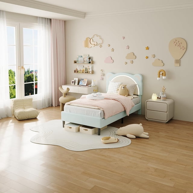 Tamaño individual marco de cama niños forrado cama de plataforma con adjustable cabecero y LED light de madera slats support no necesita colchón base blue niños' room o nursery
