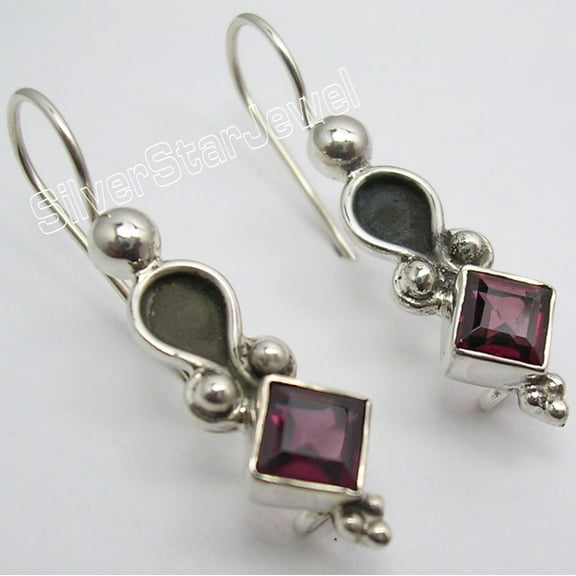 SilverStarJewel 925 Sterling Silver Red Garnet Stone Ancient Style Dangle Earrings 1.3"