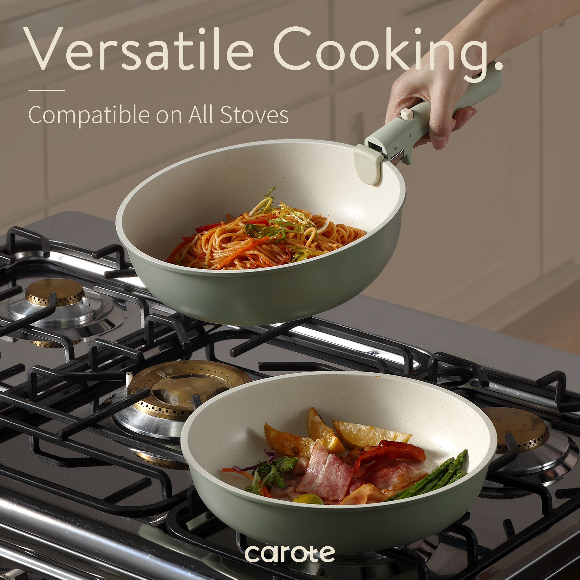 Carote 5 Pcs Pots and Pans Nonstick, Cookware Set with Detachable Handles, Oven Safe, Induction Ready, Stackable Kitchen Cooking Set, Green
