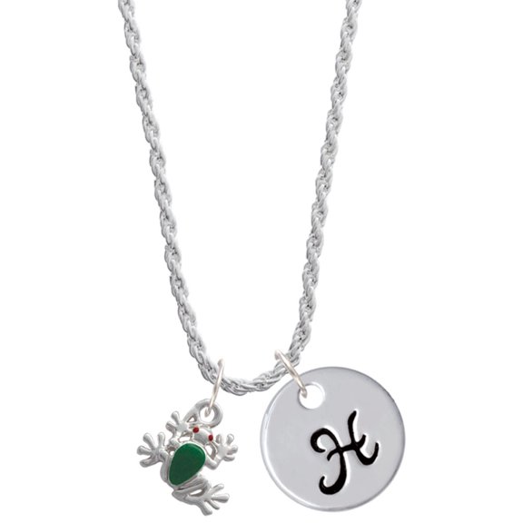 Delight Jewelry Silvertone Mini Green Tree Frog Silvertone Script Initial Disc - H - Charm Necklace, 20"+3"