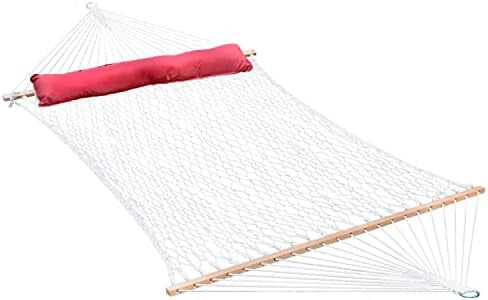 Algoma Net 13' Cotton Rope Hammock with Pillow - Double Person - 60x82 inch Bed - Fits 15' Stand - Natural Cotton Rope & Hardwood Spreader Bars