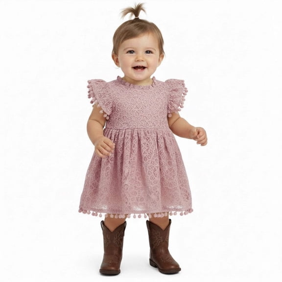 2Bunnies Baby & Toddler Girls’ Vintage Lace Pom Pom Trim Flutter Sleeve Party Dress